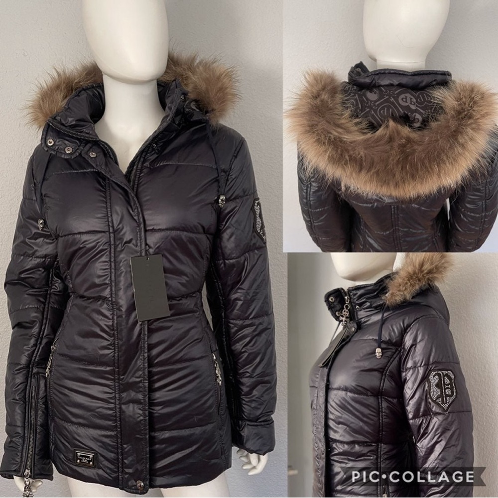 NWT Women‎ Puffer Jacket Real Fur Trimmed Hood Navy Coat